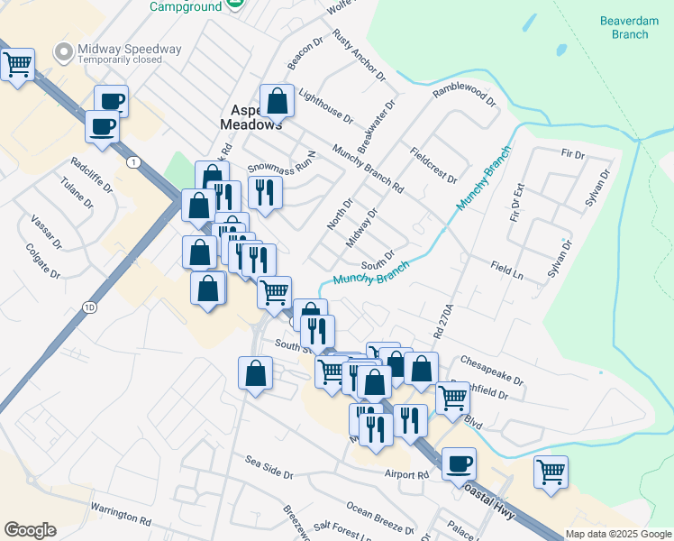 map of restaurants, bars, coffee shops, grocery stores, and more near 604 Midway Drive in Rehoboth Beach
