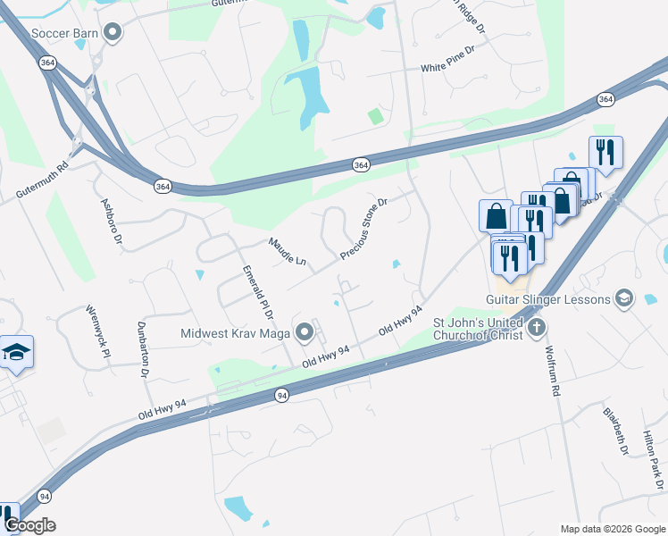 map of restaurants, bars, coffee shops, grocery stores, and more near 5461 Precious Stone Drive in Saint Charles