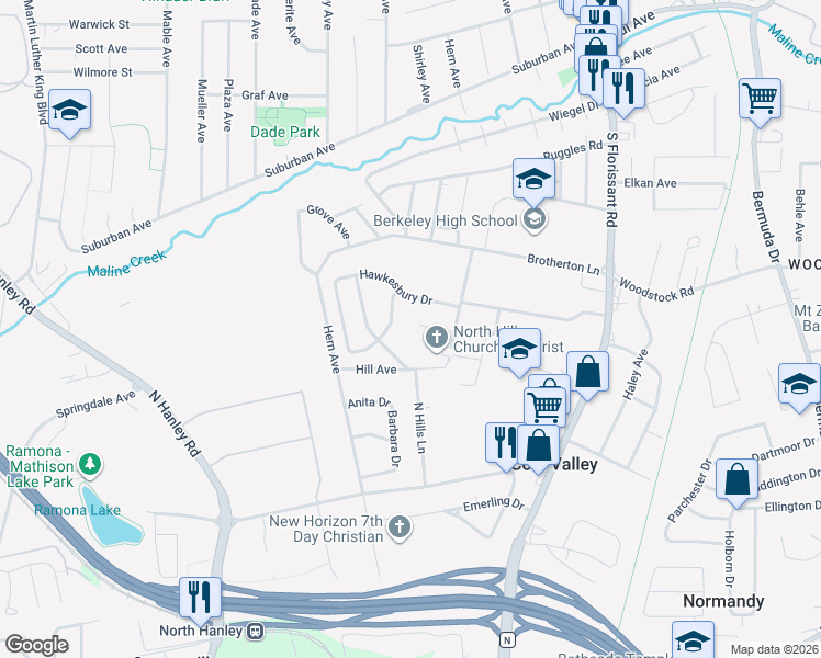 map of restaurants, bars, coffee shops, grocery stores, and more near 8328 Hasting Court in St. Louis