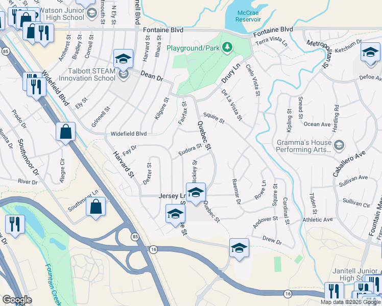 map of restaurants, bars, coffee shops, grocery stores, and more near 515 Syracuse Street in Colorado Springs
