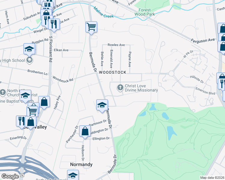 map of restaurants, bars, coffee shops, grocery stores, and more near 7598 Blanding Drive in Ferguson