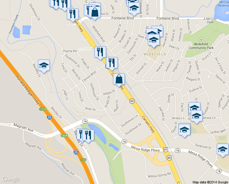 map of restaurants, bars, coffee shops, grocery stores, and more near 7120 Alegre Circle in Fountain