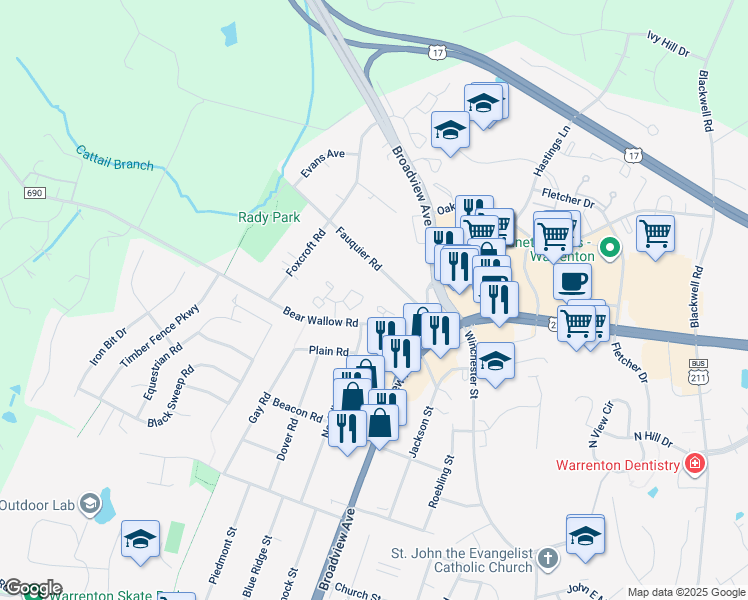 map of restaurants, bars, coffee shops, grocery stores, and more near 557 Tiffany Court in Warrenton