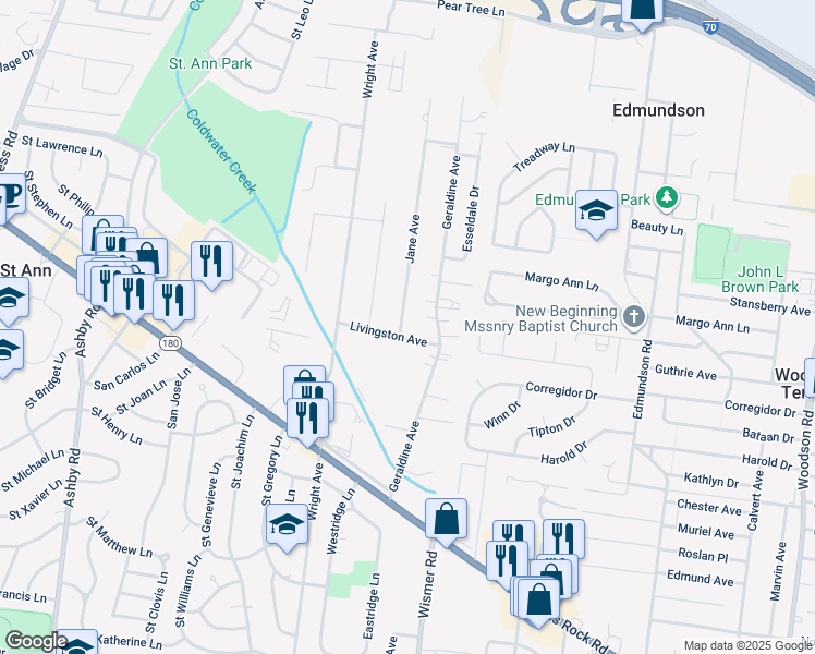 map of restaurants, bars, coffee shops, grocery stores, and more near 10004 Livingston Avenue in Saint Ann