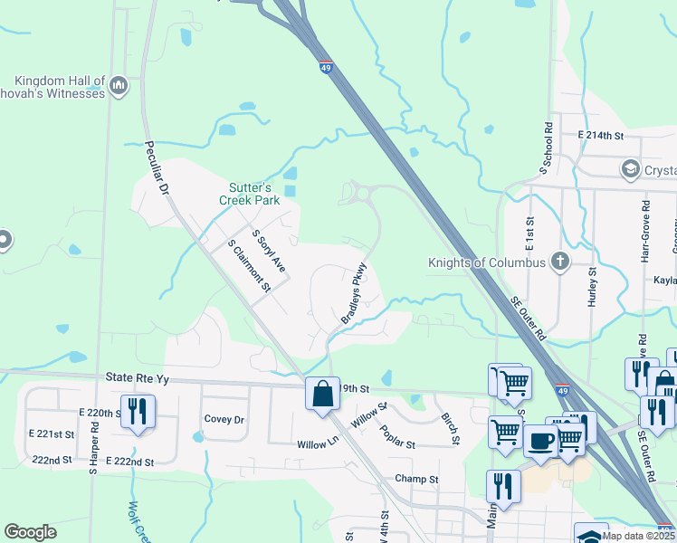 map of restaurants, bars, coffee shops, grocery stores, and more near 21617 Westover Court in Peculiar