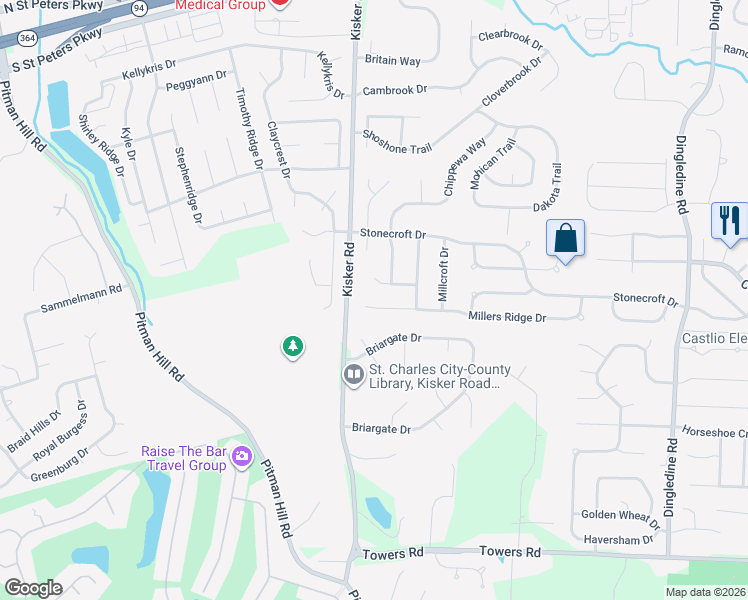 map of restaurants, bars, coffee shops, grocery stores, and more near 4117 Millers Ridge Drive in Saint Charles