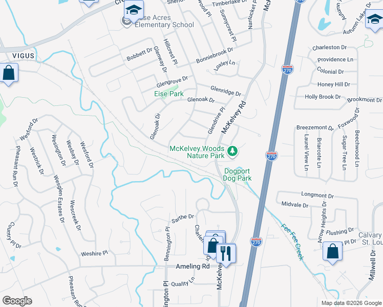 map of restaurants, bars, coffee shops, grocery stores, and more near 11923 Katiejo Court in Maryland Heights