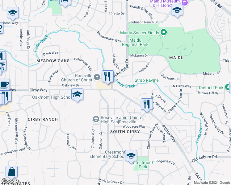 map of restaurants, bars, coffee shops, grocery stores, and more near 1816 Cirby Way in Roseville