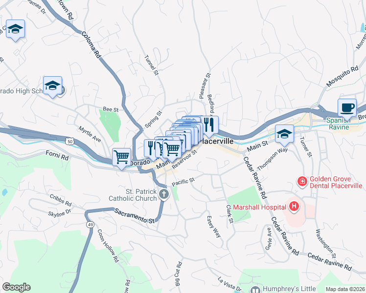 map of restaurants, bars, coffee shops, grocery stores, and more near 872 Reservoir Street in Placerville