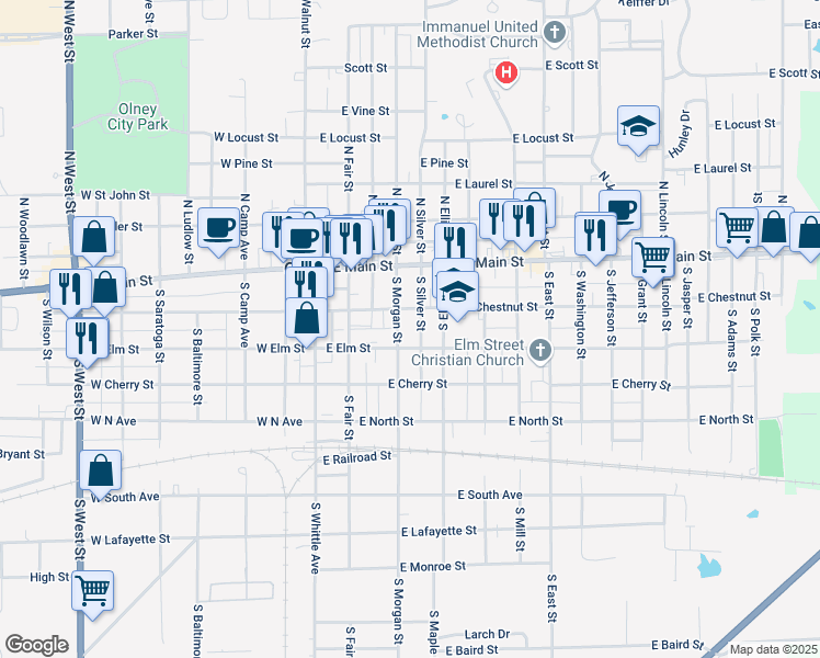 map of restaurants, bars, coffee shops, grocery stores, and more near 300-398 South Morgan Street in Olney