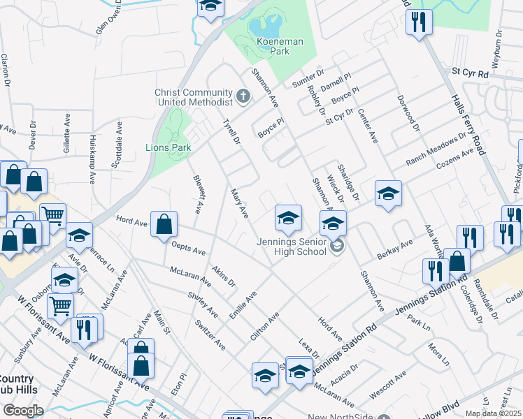 map of restaurants, bars, coffee shops, grocery stores, and more near 17 Lamar Drive in Jennings