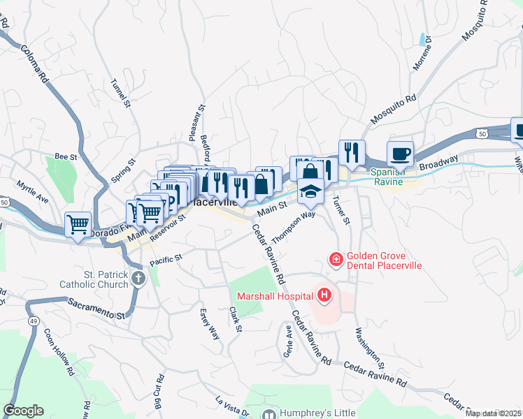 map of restaurants, bars, coffee shops, grocery stores, and more near 629 Main Street in Placerville