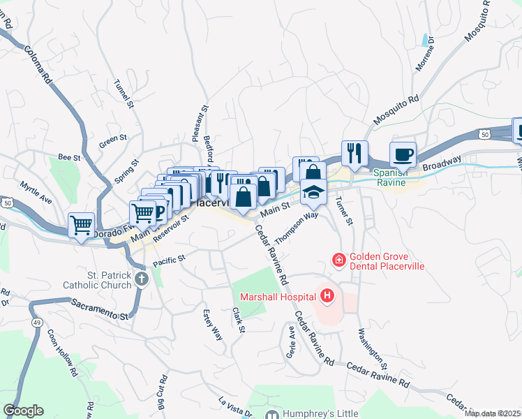 map of restaurants, bars, coffee shops, grocery stores, and more near 629 Main Street in Placerville