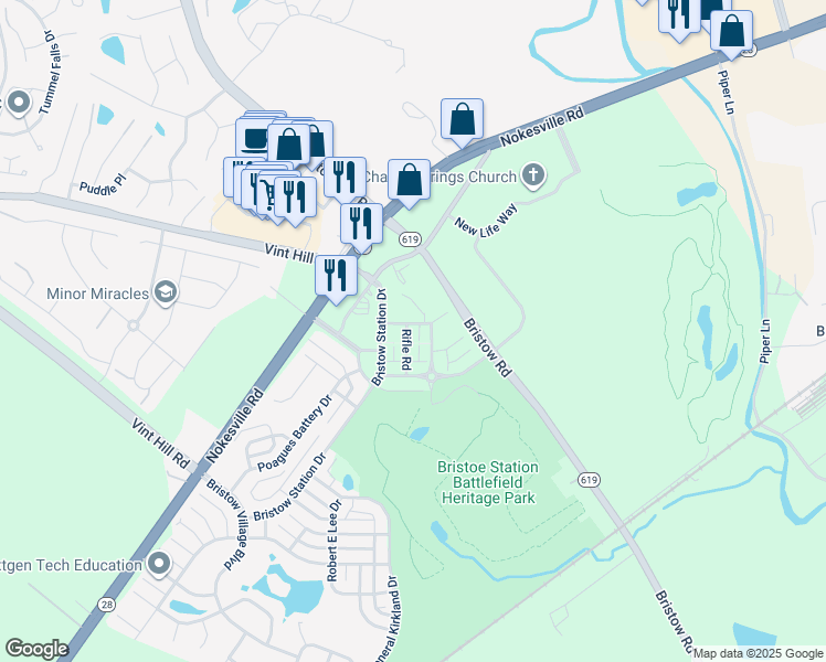 map of restaurants, bars, coffee shops, grocery stores, and more near 10403 Rifle Road in Bristow