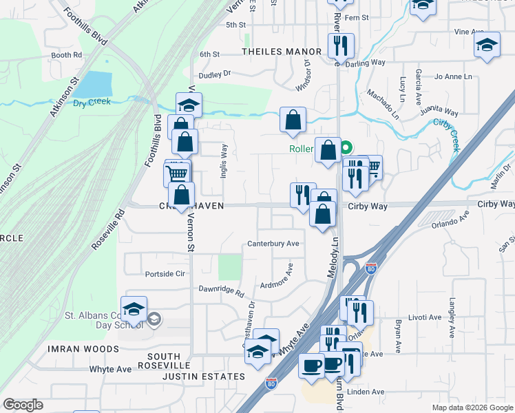 map of restaurants, bars, coffee shops, grocery stores, and more near 333 Cirby Way in Roseville