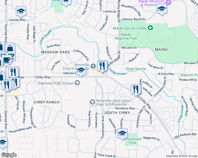 map of restaurants, bars, coffee shops, grocery stores, and more near 1801 Cirby Way in Roseville