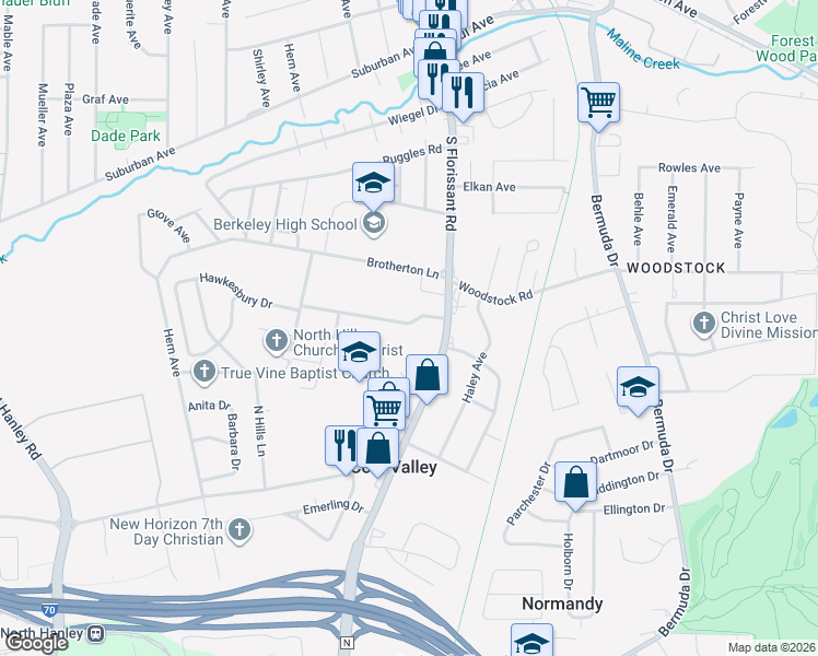 map of restaurants, bars, coffee shops, grocery stores, and more near 5 Hawkesbury Drive in St. Louis