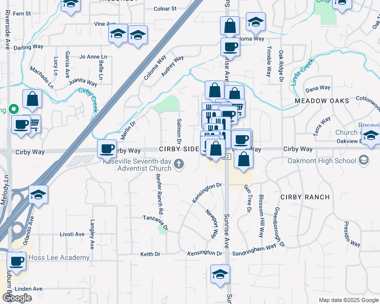 map of restaurants, bars, coffee shops, grocery stores, and more near 1139 Cirby Way in Roseville