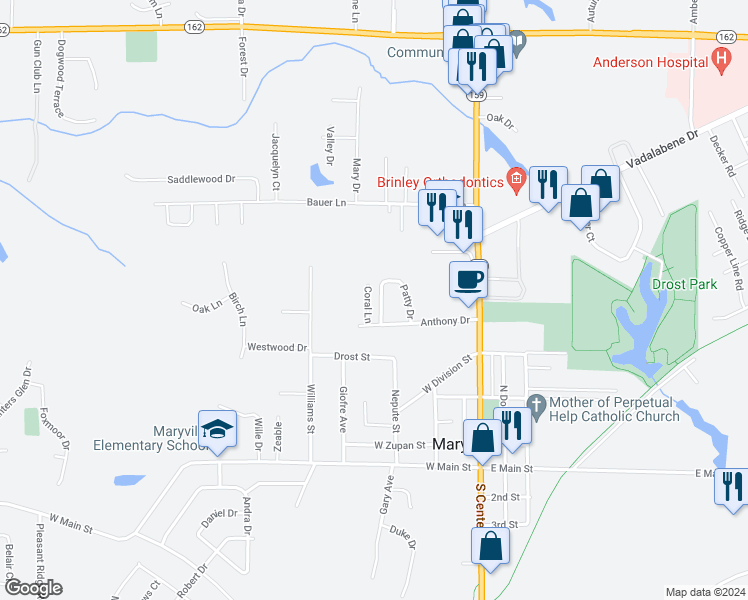 map of restaurants, bars, coffee shops, grocery stores, and more near 810 Patty Drive in Maryville