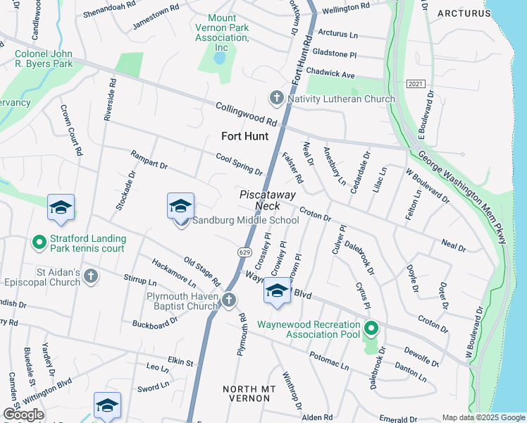 map of restaurants, bars, coffee shops, grocery stores, and more near 8405 Fort Hunt Road in Alexandria