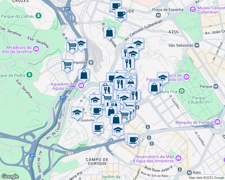 map of restaurants, bars, coffee shops, grocery stores, and more near 80 Rua General Taborda in Lisboa
