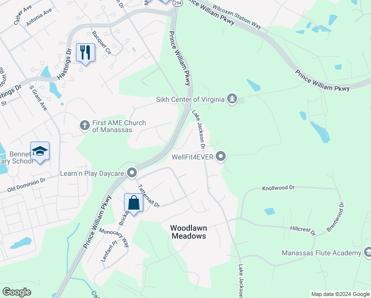 map of restaurants, bars, coffee shops, grocery stores, and more near 10502 Moonglow Court in Manassas