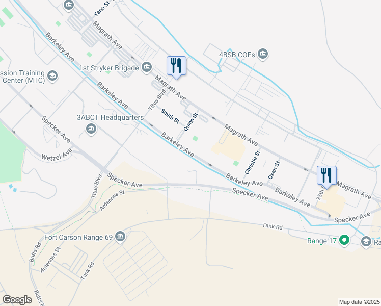 map of restaurants, bars, coffee shops, grocery stores, and more near 6076 Barkeley Avenue in Fort Carson