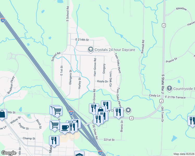 map of restaurants, bars, coffee shops, grocery stores, and more near 925 Gregory in Peculiar