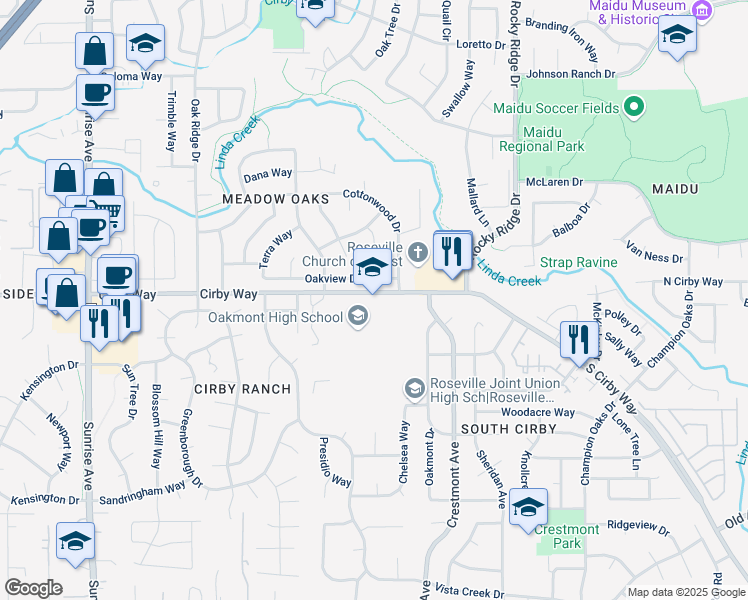 map of restaurants, bars, coffee shops, grocery stores, and more near 1710 Cirby Way in Roseville