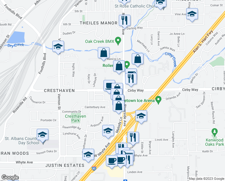 map of restaurants, bars, coffee shops, grocery stores, and more near 529 Cirby Way in Roseville