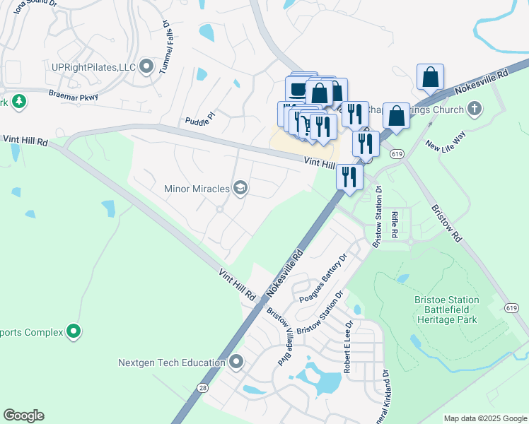 map of restaurants, bars, coffee shops, grocery stores, and more near 11901 Blue Violet Way in Prince William County