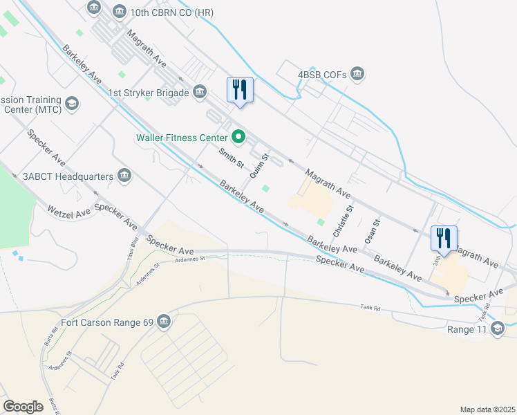 map of restaurants, bars, coffee shops, grocery stores, and more near 6076 Barkeley Avenue in Fort Carson