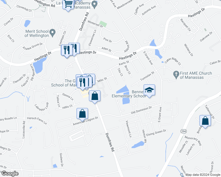 map of restaurants, bars, coffee shops, grocery stores, and more near 10339 Bernard Court in Manassas