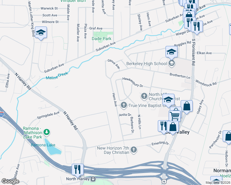 map of restaurants, bars, coffee shops, grocery stores, and more near 5138 Wallingford Drive in St. Louis