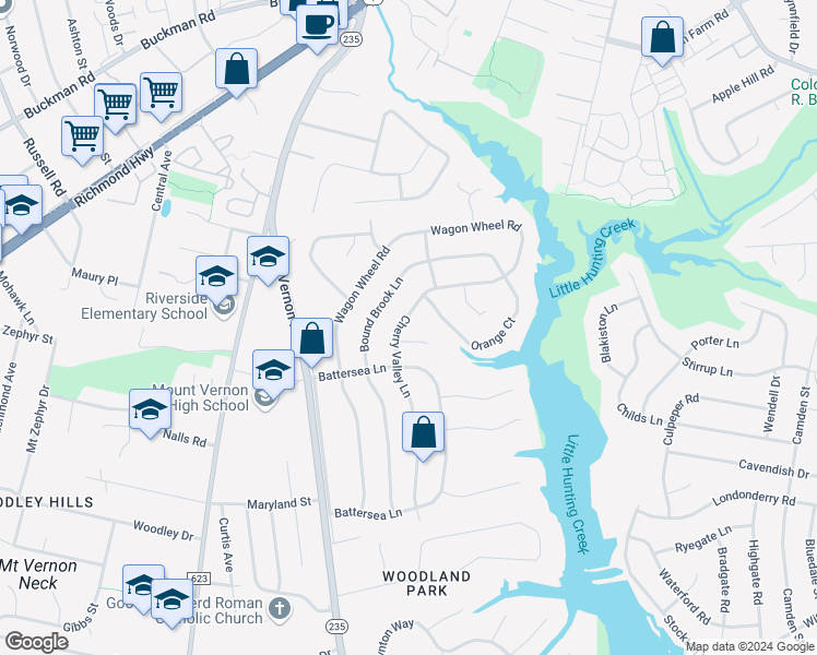 map of restaurants, bars, coffee shops, grocery stores, and more near 8409 Cherry Valley Lane in Alexandria