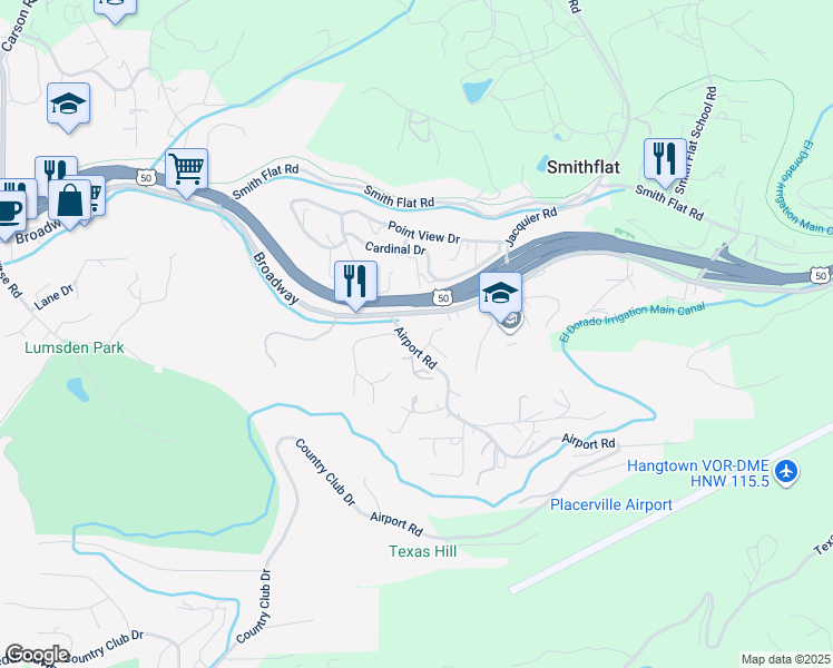 map of restaurants, bars, coffee shops, grocery stores, and more near 1850 Broadway in Placerville