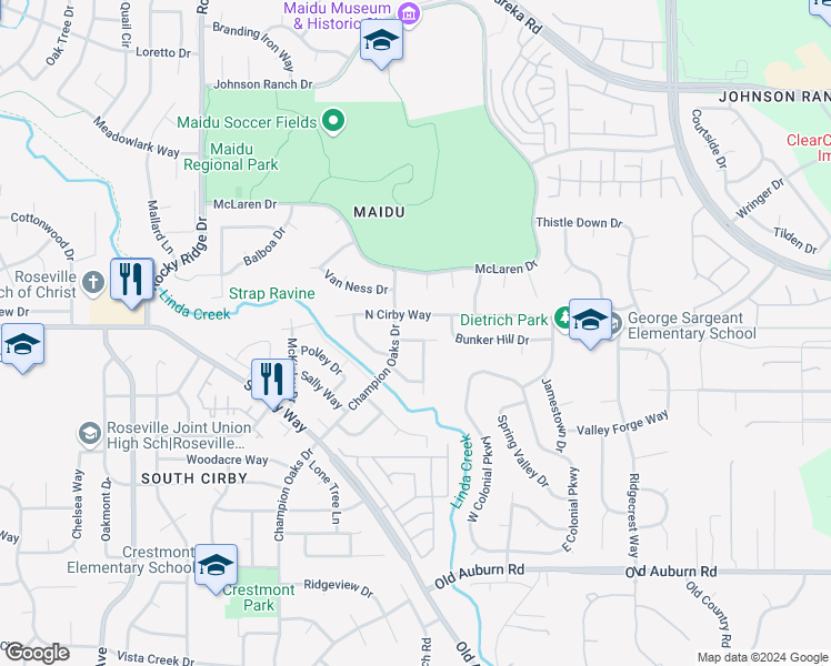map of restaurants, bars, coffee shops, grocery stores, and more near 2205 Bradshaw Avenue in Roseville