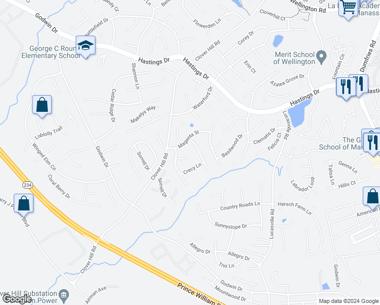map of restaurants, bars, coffee shops, grocery stores, and more near 9688 Anjou Court in Manassas