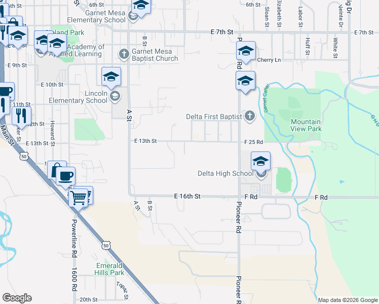 map of restaurants, bars, coffee shops, grocery stores, and more near 1178 East 13th Street in Delta
