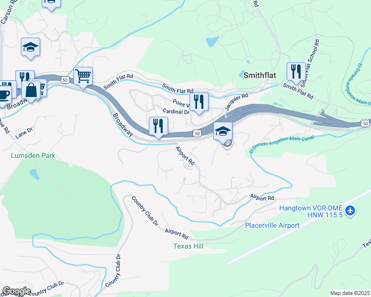 map of restaurants, bars, coffee shops, grocery stores, and more near 1850 Broadway in Placerville