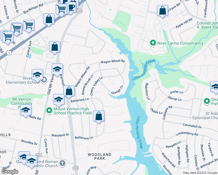 map of restaurants, bars, coffee shops, grocery stores, and more near 8331 Orange Court in Alexandria