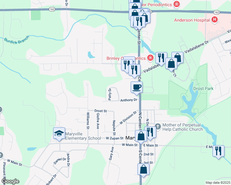 map of restaurants, bars, coffee shops, grocery stores, and more near 724 Patty Drive in Maryville