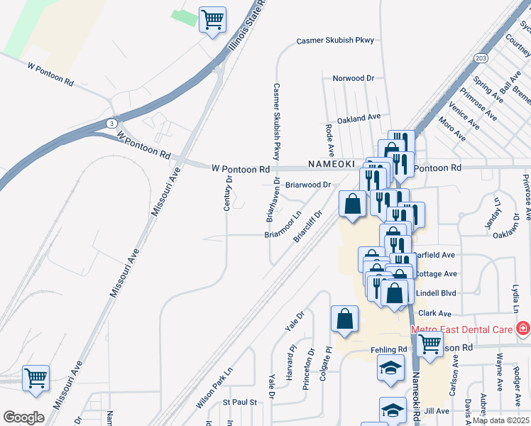 map of restaurants, bars, coffee shops, grocery stores, and more near 307 Briarhaven Drive in Granite City