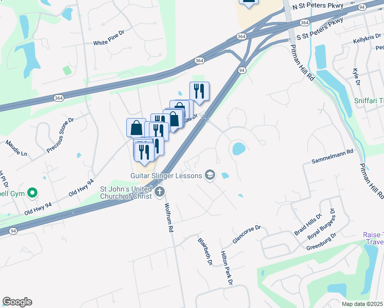 map of restaurants, bars, coffee shops, grocery stores, and more near 3423 Capri Way in St. Peters