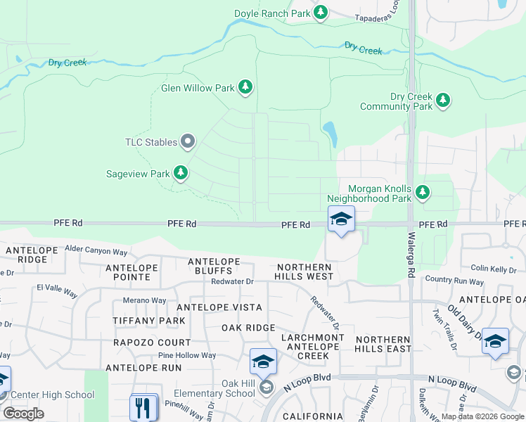 map of restaurants, bars, coffee shops, grocery stores, and more near 4558-5718 PFE Road in Roseville