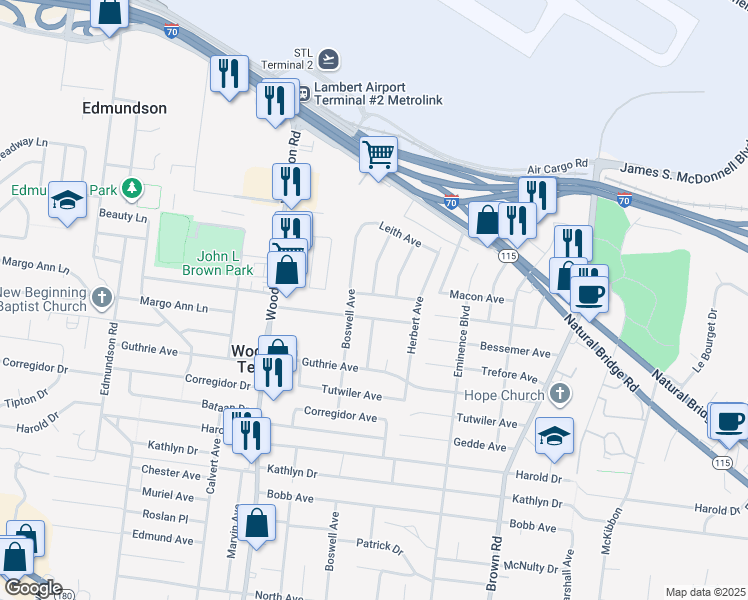 map of restaurants, bars, coffee shops, grocery stores, and more near 9238 Macon Avenue in St. Louis