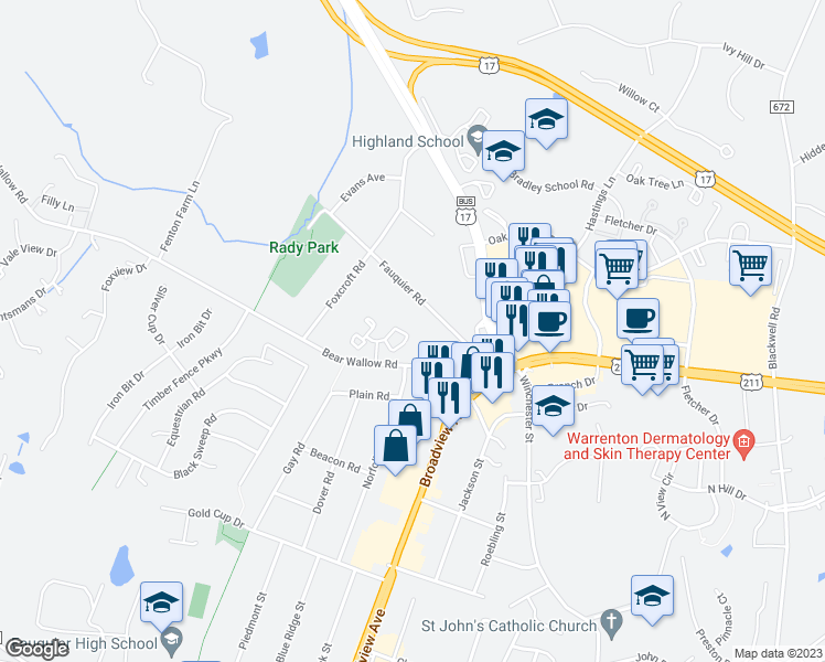 map of restaurants, bars, coffee shops, grocery stores, and more near 443 Denning Court in Warrenton