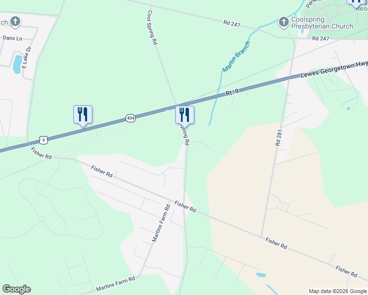 map of restaurants, bars, coffee shops, grocery stores, and more near 18511 Cool Spring Road in Milton