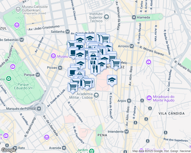 map of restaurants, bars, coffee shops, grocery stores, and more near 77 Rua Dona Estefânia in Lisboa