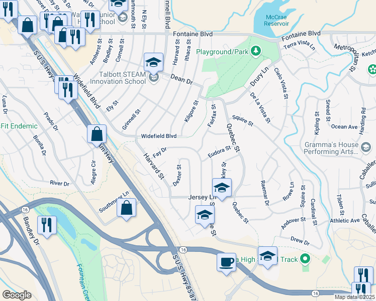 map of restaurants, bars, coffee shops, grocery stores, and more near 367 Fay Drive in Colorado Springs